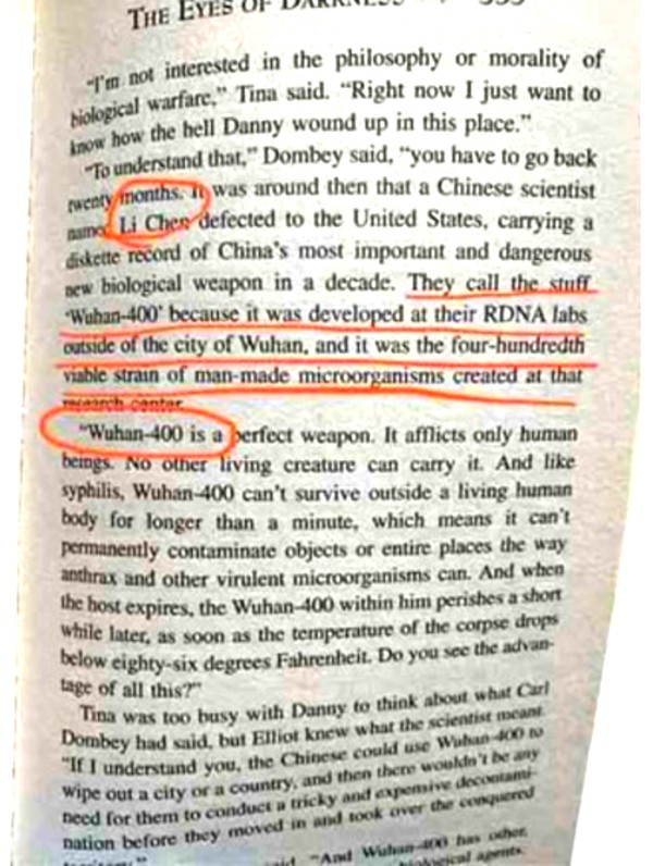 le coronavirus a ete decrit et nomme Wuhan par Dean Koontz en 1981 dans son roman The Eyes of Drkness